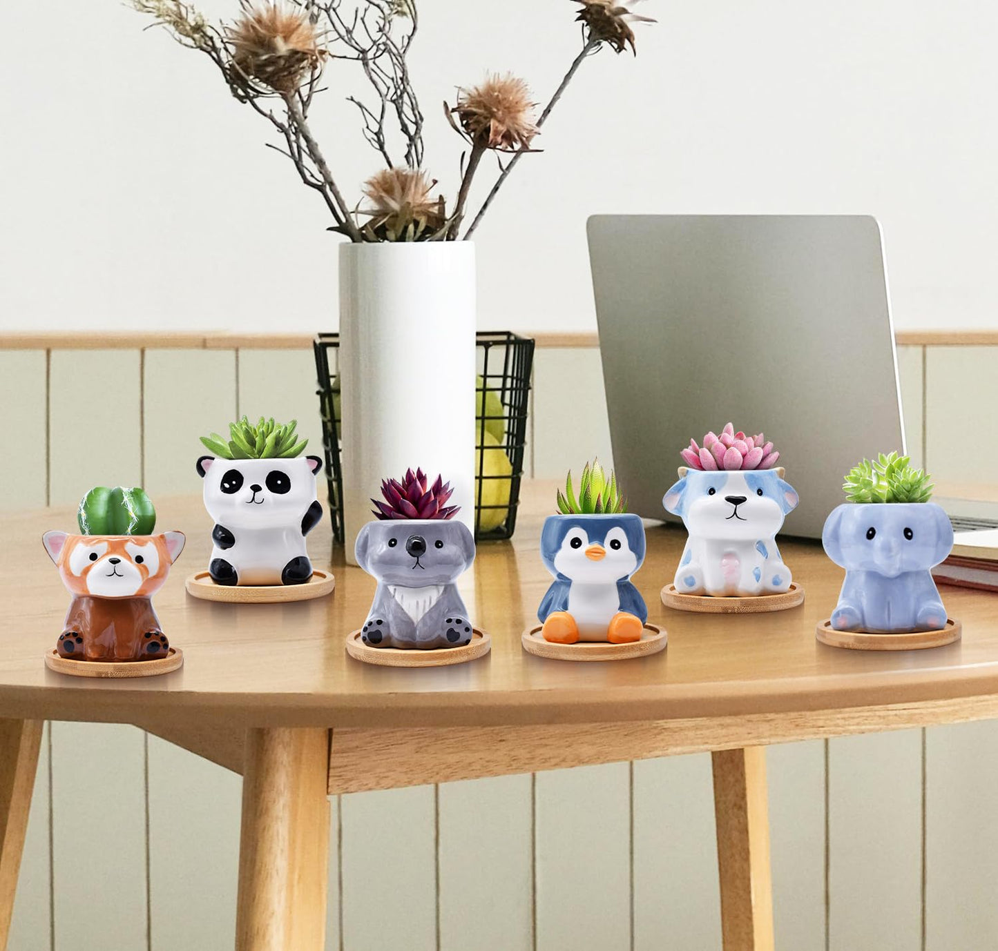 6 Pack Animal Ceramic Succulent Pots with Drainage – Mini Cute Planters with Bamboo Trays for Indoor Plants & Cactus, Adorable Animal Pots for Desk, Office, Home Decor, Gift for Kids & Plant Lovers