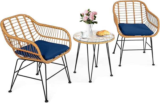 Tangkula 3 Pieces Patio Bistro Set, Rattan Conversation Set