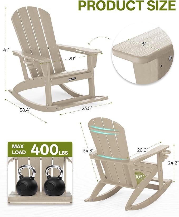Outdoor Oversized Adirondack Rocking Chairs, All Weather HDPE Patio Rocking