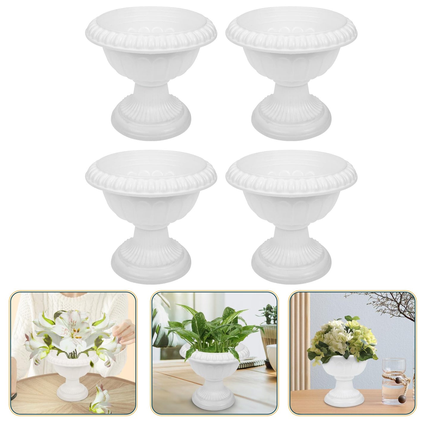 Yardwe 4pcs White Urn Planter Plastic Pedestal Flower Vases Plant Pot Grecian Plants Pot Roman Flower Pot for Yard Garden Porch Front Door