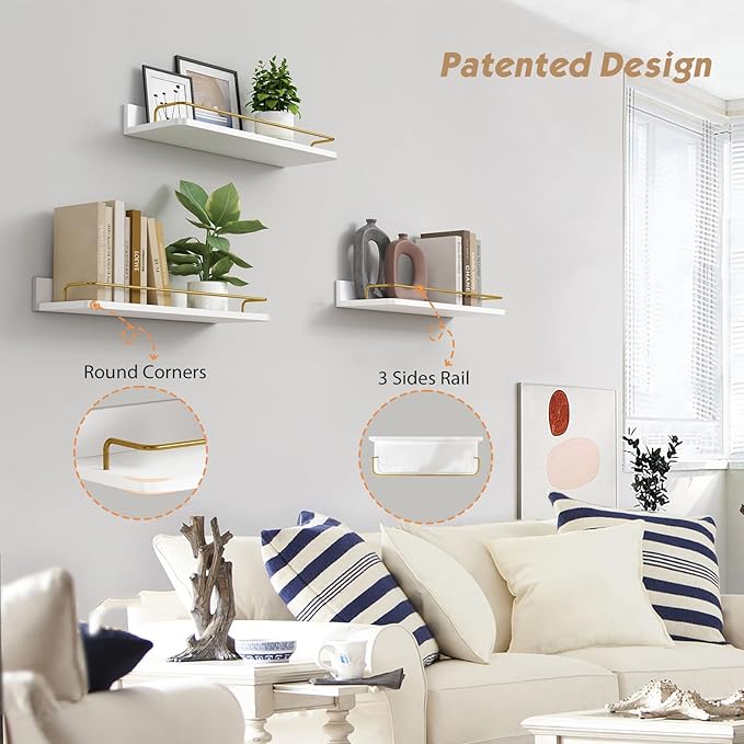 Forbena Gold Floating Shelves for Wall Decor Set of 3, Bathroom Shelves Over