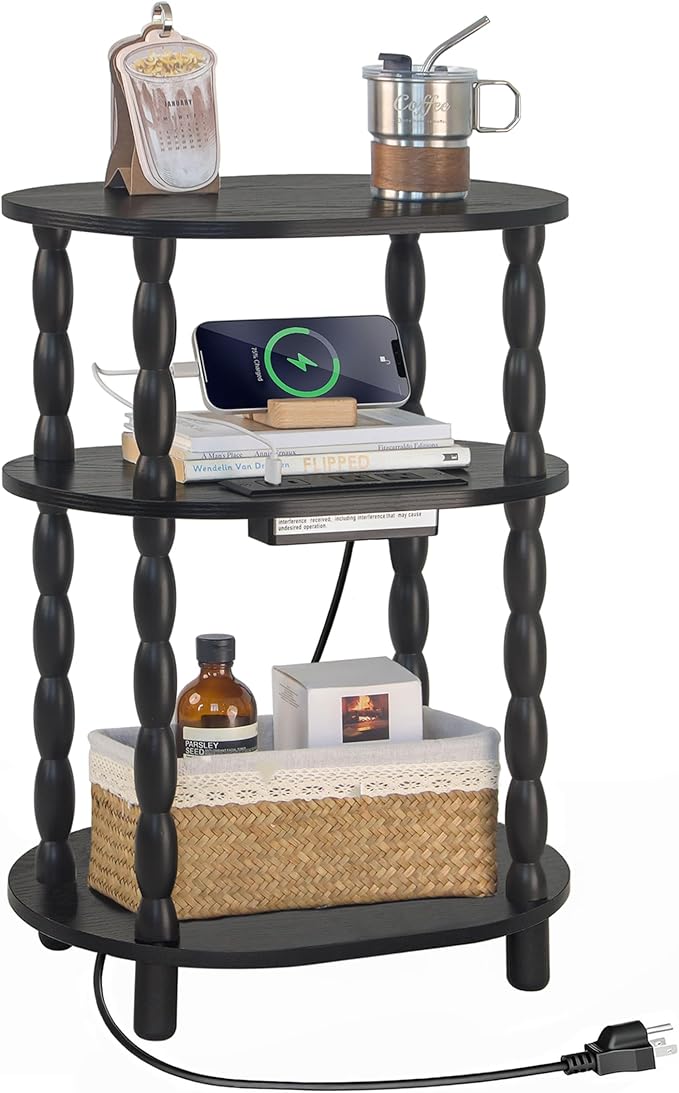 MaxSmeo Black Side Table with Charging Station, 3-Tier Small Oval End Table