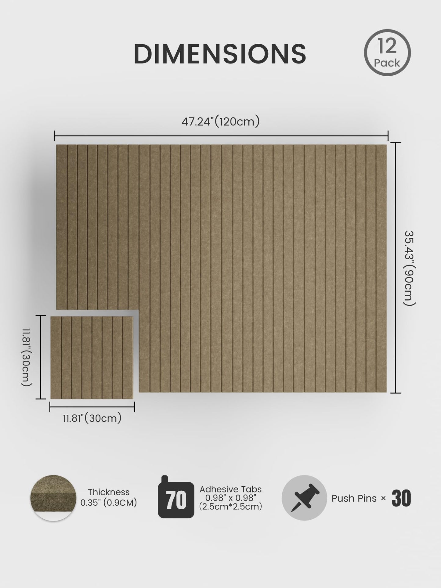 Bumusty Large Cork Board Alternative-48 x 36" Felt Bulletin Board Tiles, with 30 Pushpins, 70 Adhesive Tabs, Fine-Stripe 12-Pack, Cork Boards for Office Push Pin Board Felt Board-Earth Brown