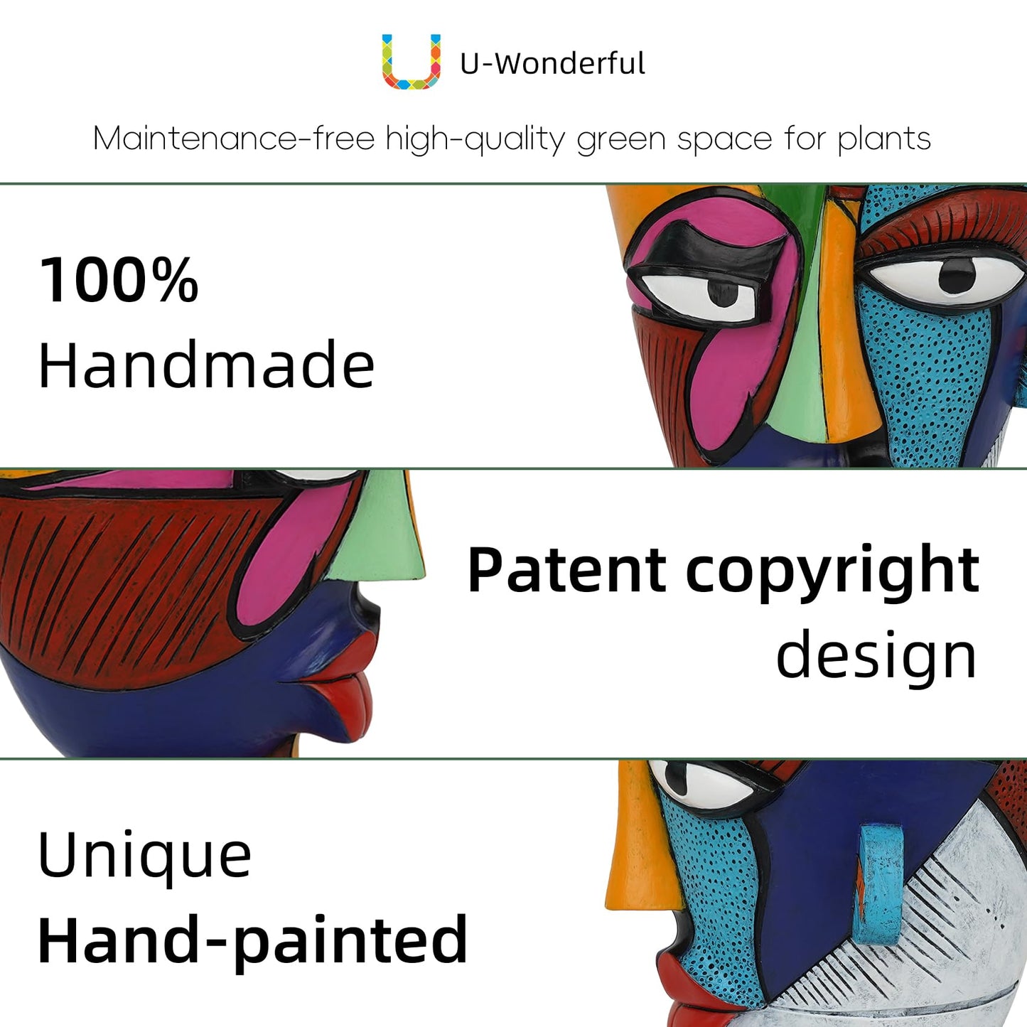 U WONDERFUL Abstract Face Planters Pots Head 7.8 Inch with Drainage - Decorative Plant Pots Retro Rainbow Design, Cute Unique Planter for Succulents/Snake Plants/Cactus Indoor & Outdoor