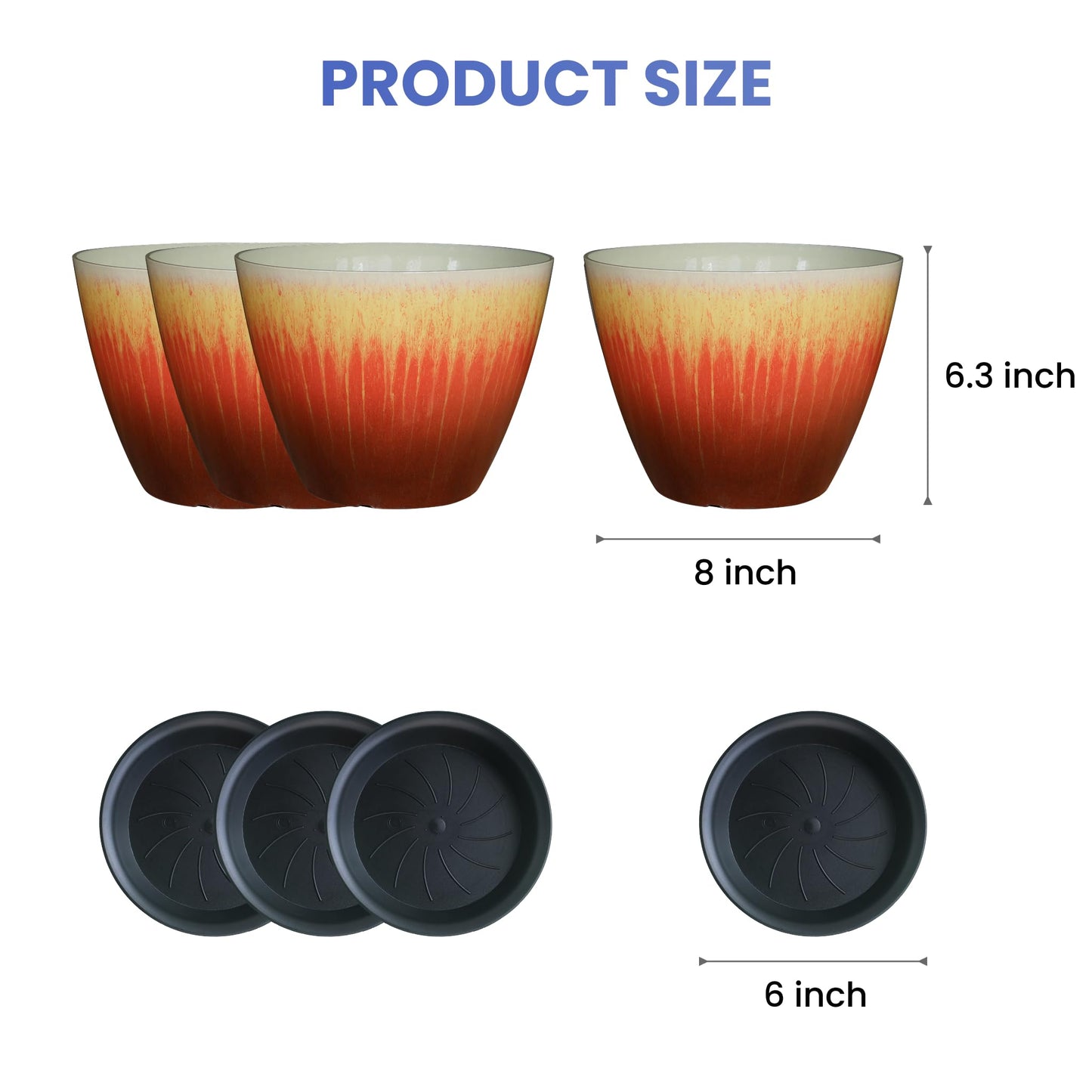 LESOASIS Plant Pots Pack of 4, 8 inch Plastic Flower Pots, Modern Glossy Finishing Planter for Indoor Outdoor Plants (Orange Glaze, 4 Pack)