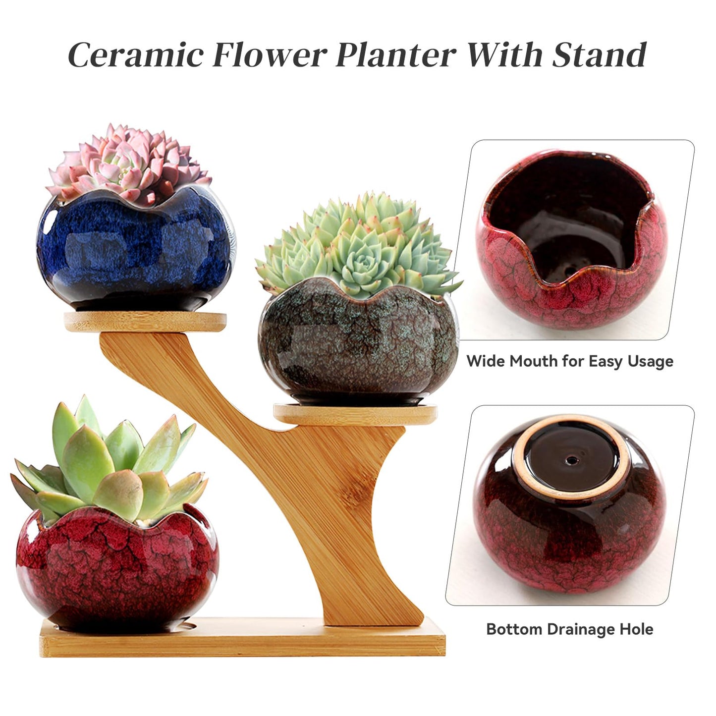 Jueison Succulent Pots with 3 Tier Bamboo Saucers Stand Holder Modern Decorative Ceramic Flower Pots with Drainage Mini Cactus Plant Pot Planters for Indoor Home Office Desk Garden Decor (#005)