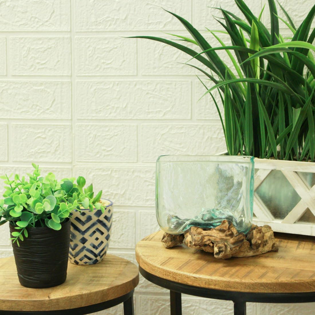 Melted Molten Glass on Teak Driftwood Rectangular Decorative Bowl, Vase, or Planter - Approximately 5.75 Inches High - Nature-Inspired Elegance for Home and Patio Terrarium