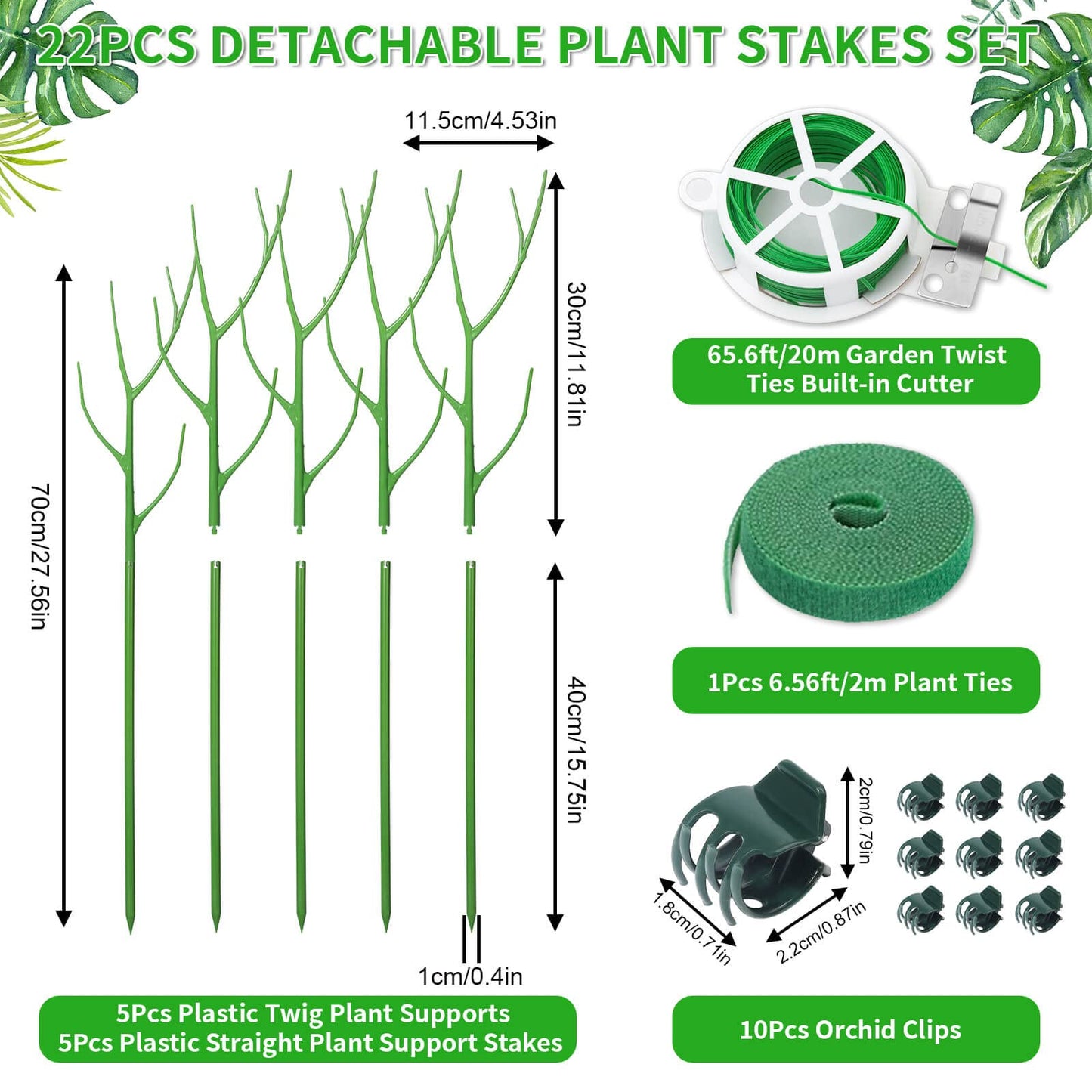 ROADPLUM 5 Pack 27.56" Detachable Twig Plant Support Stakes Set, Blends in to Plant, Branch Plant Sticks with Orchid Clips Twist Plant Ties, Twig Trellis for Indoor Outdoor Plants Potted Plants Flower
