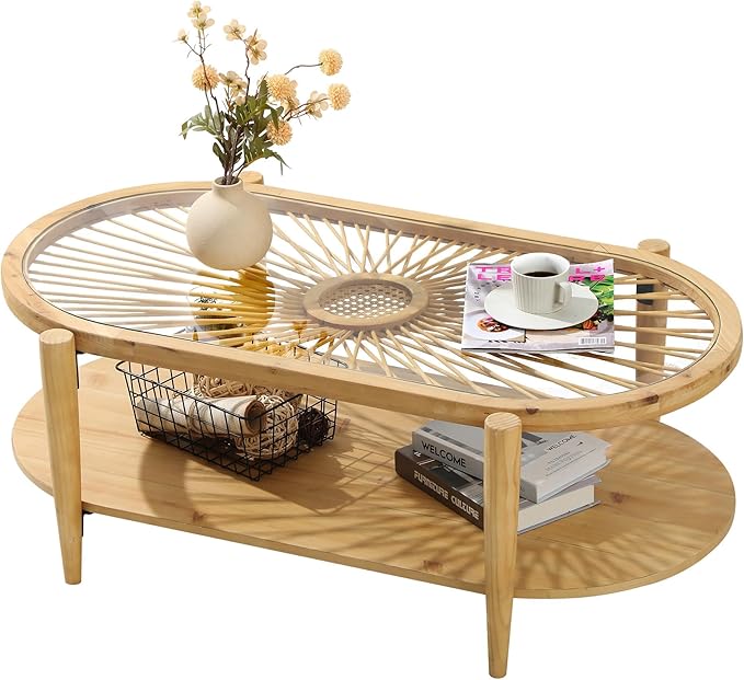 RUSTOWN Rattan Coffee Tables, 2-Tier Oval Boho Cocktail Tables, Mid Century
