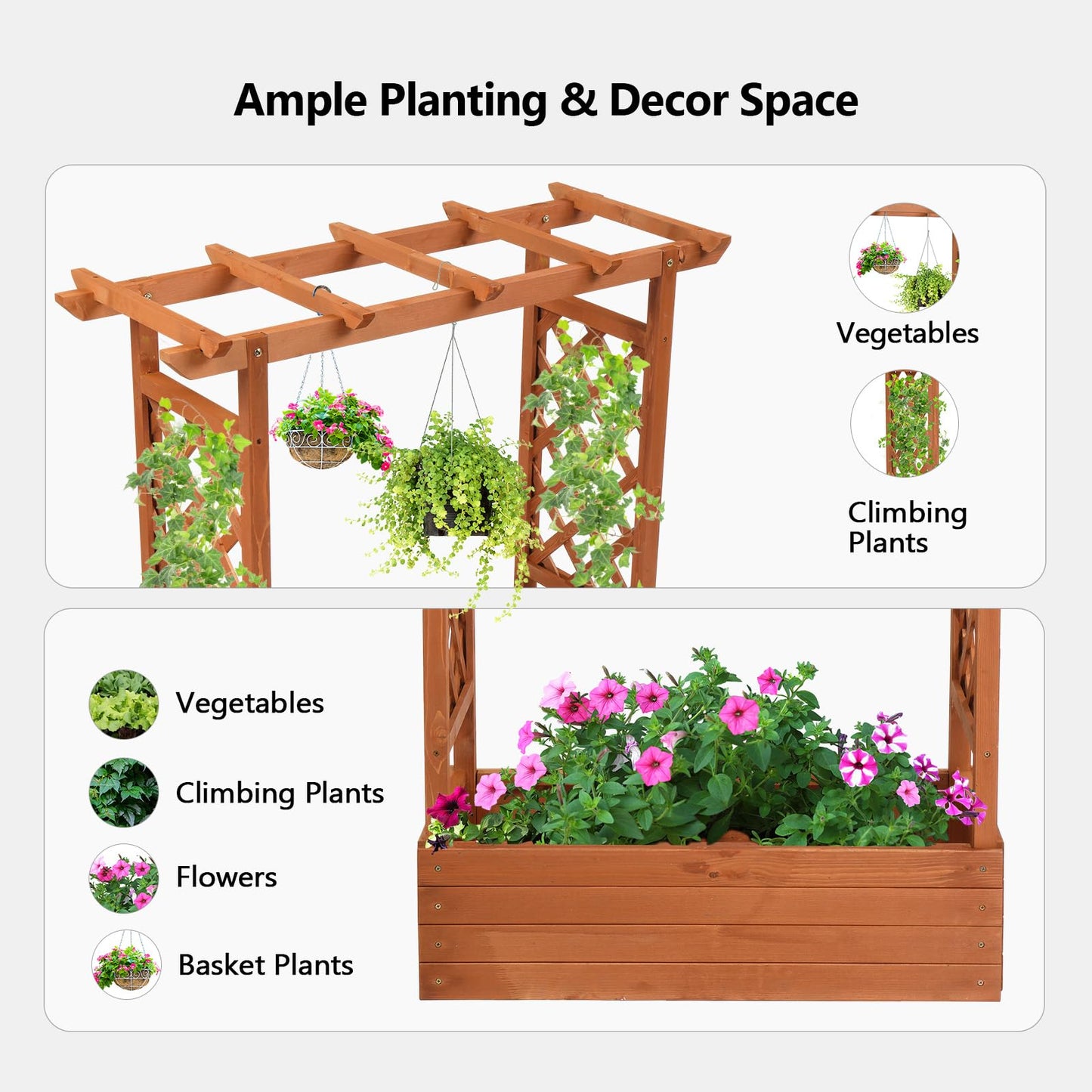 VINGLI 45-in Raised Garden Bed with Trellis & Hanging Roof, Wooden Elevated Planter Box with Drainage Holes for Outdoor Climbing Plants Vegetables Flowers, Patio Yard Balcony