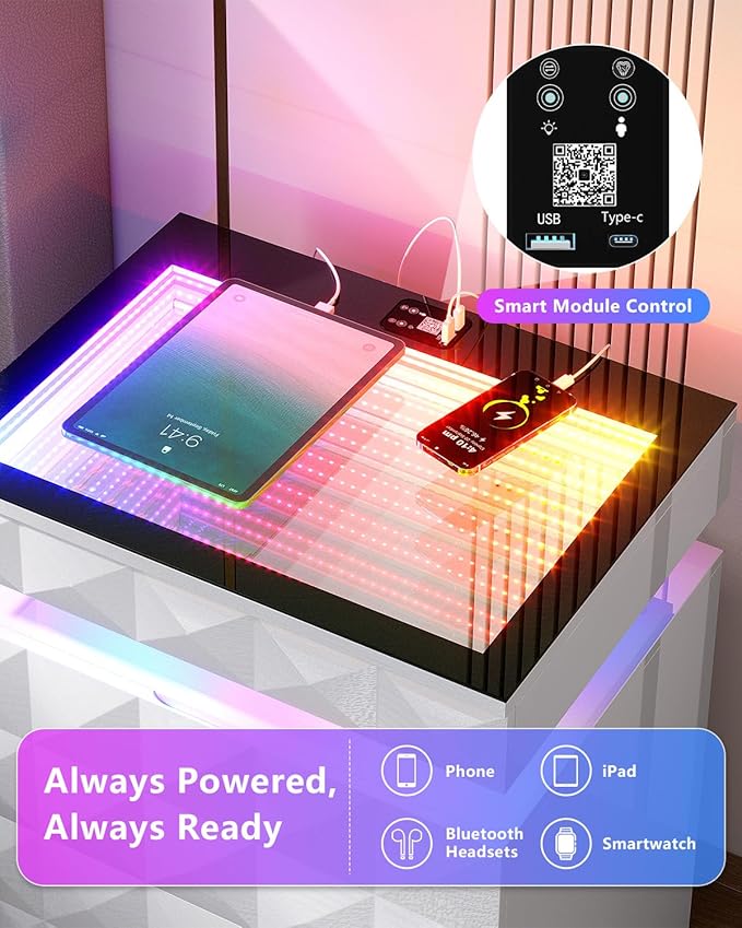 HWB Nightstand with RGB Lights, 3 Drawers Night Stand with Hidden Storage