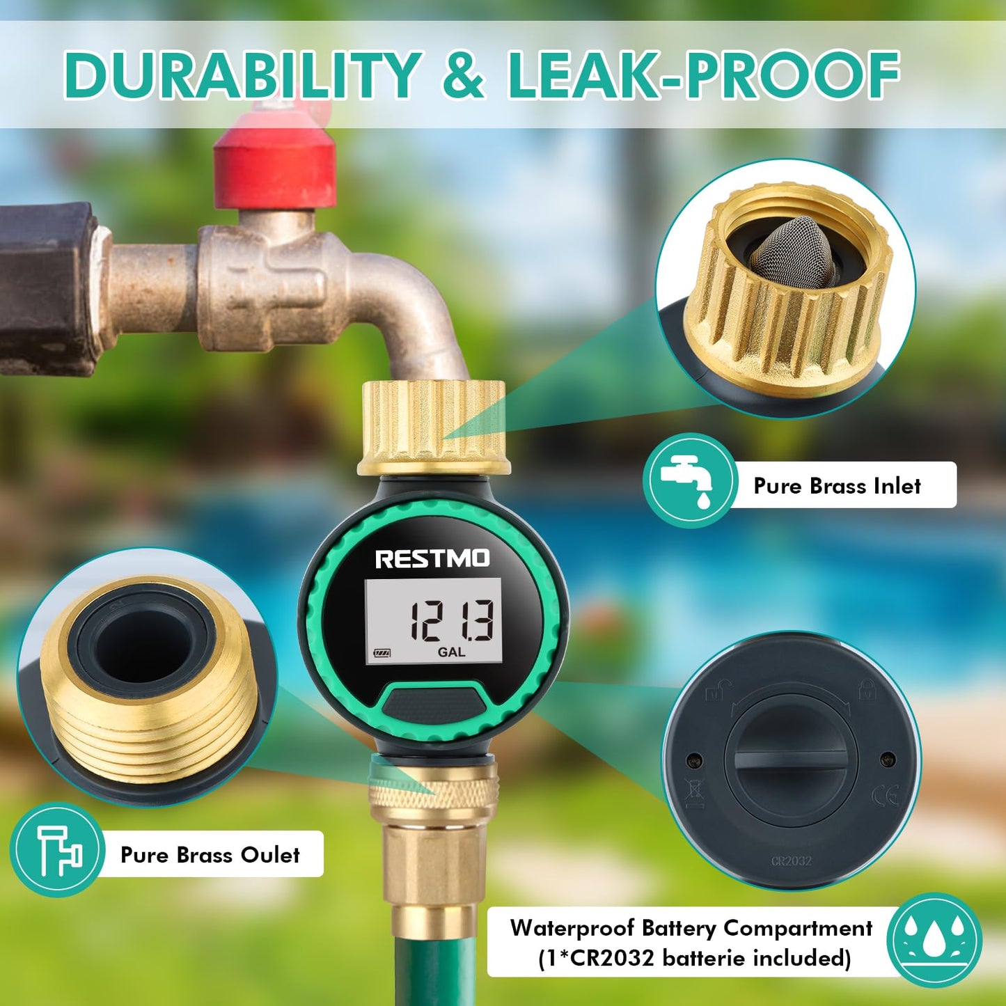 RESTMO 360° Rotatable Water Flow Meter, Pure Brass Inlet & Outlet Water Meter, Measure Gallon/Liter Consumption and Flow Rate for Garden Hose Watering, RV Water Tank Filling and Lawn Sprinkler