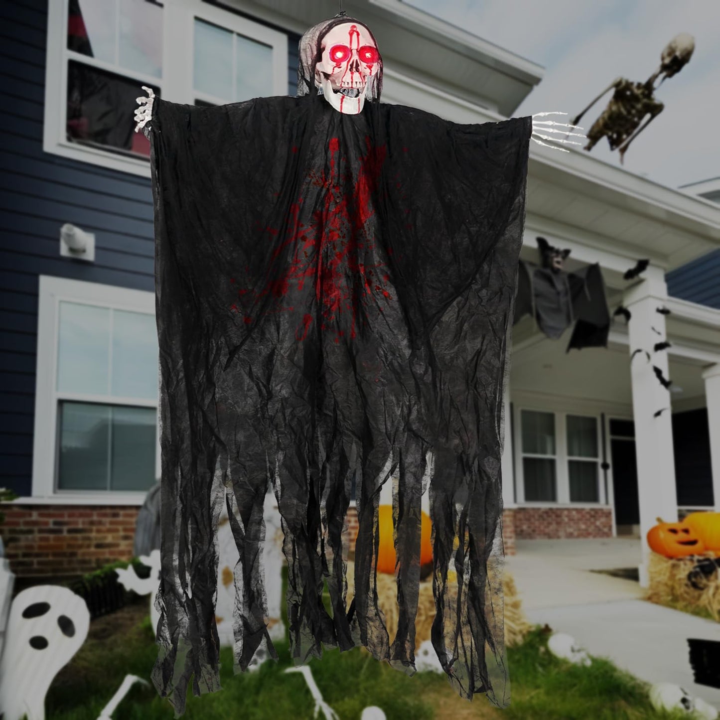 Kendane Halloween Decorations Outdoor and Indoor,67" Scary Hanging Ghosts,Halloween Grim Reaper Skeleton with Light-Up Eyes and Creepy Sound,Party Decorations for Yard,Haunted House Decor