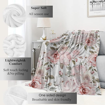Floral Blanket,Vintage Pink Rose Throw Blankets,Birthday Gifts for Women & Flower Lovers,Lightweight Soft Fleece,for Picnic Sofa Couch Bed Room Travel,Modern Romantic Decor,60x80in