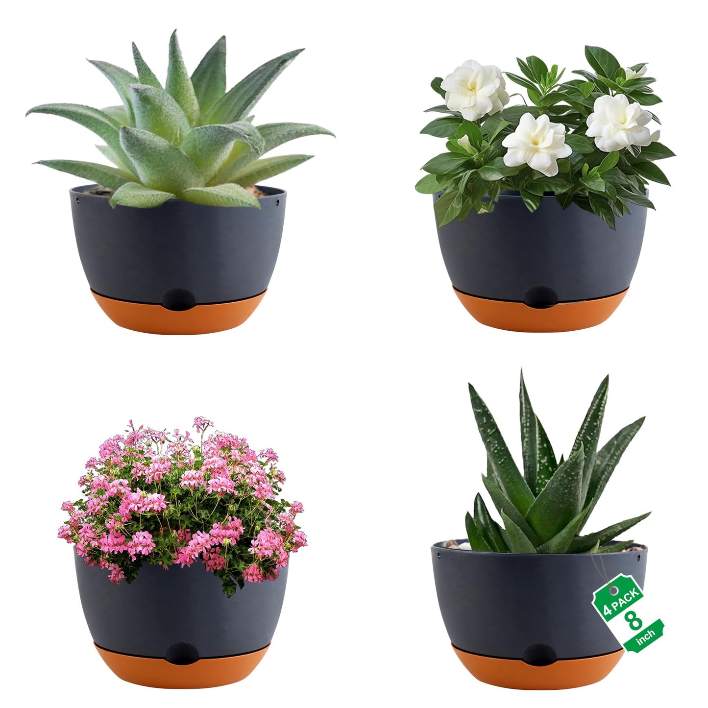 Nooulap 4 Pack Self Watering Pots for Indoor,8 Inch Plant Pot Outdoor Plastic Flower Pot with Drainage and Saucers(Grey)