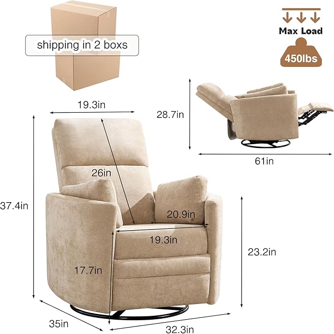Manual Recliner 360°Swivel Glider Rocking Chair, Upholstered Nursery Adult