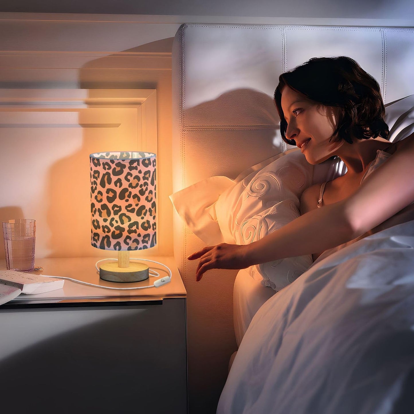 Oarencol Bedside Table Lamp Pink Leopard Nightstand Lamp with Wood Animal Cheetah Print Desk Lamps for Bedroom Living Room Nursery Office Home Decor
