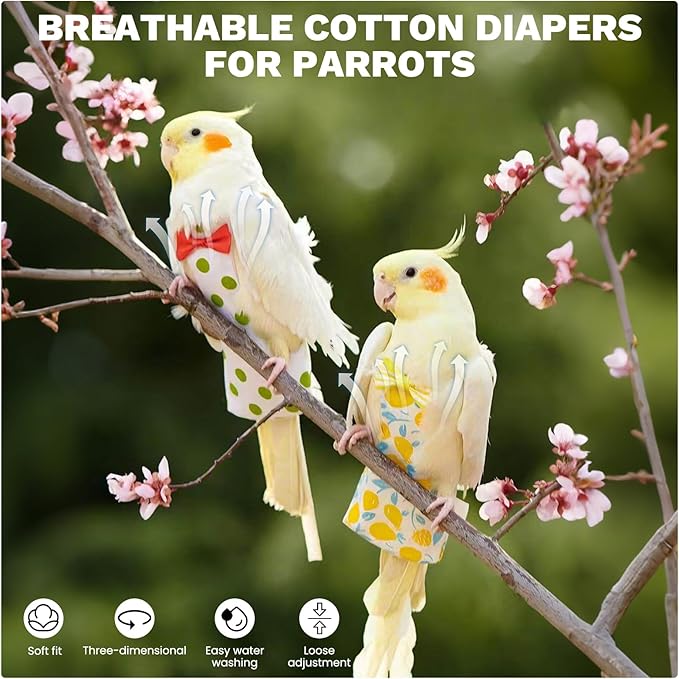 QBLEEV Bird Diapers, Reusable Cockatiel Flight Suit with Adjustable Straps, Parrot Pigeon Pants Urine Wet Leakproof Lining Nappy Clothes, Indoor & Outdoor Poop Control for Conures Sun Parakeet Macaw