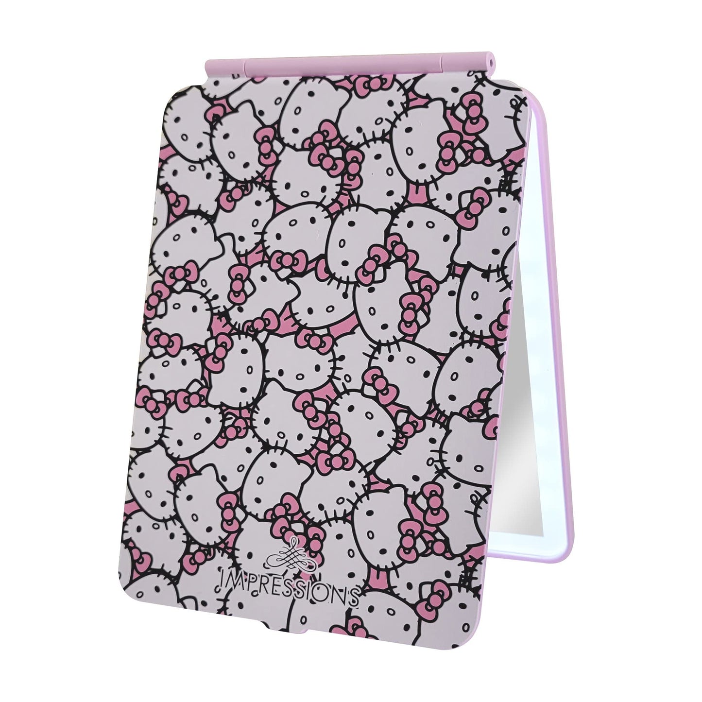 Impressions Vanity Hello Kitty Touch Pad Mini Tri-Tone Makeup Mirror with Printed Flip Cover and LED Strip, Travel Vanity Mirror with Touch Sensor Switch and USB Extension (White/Pink)