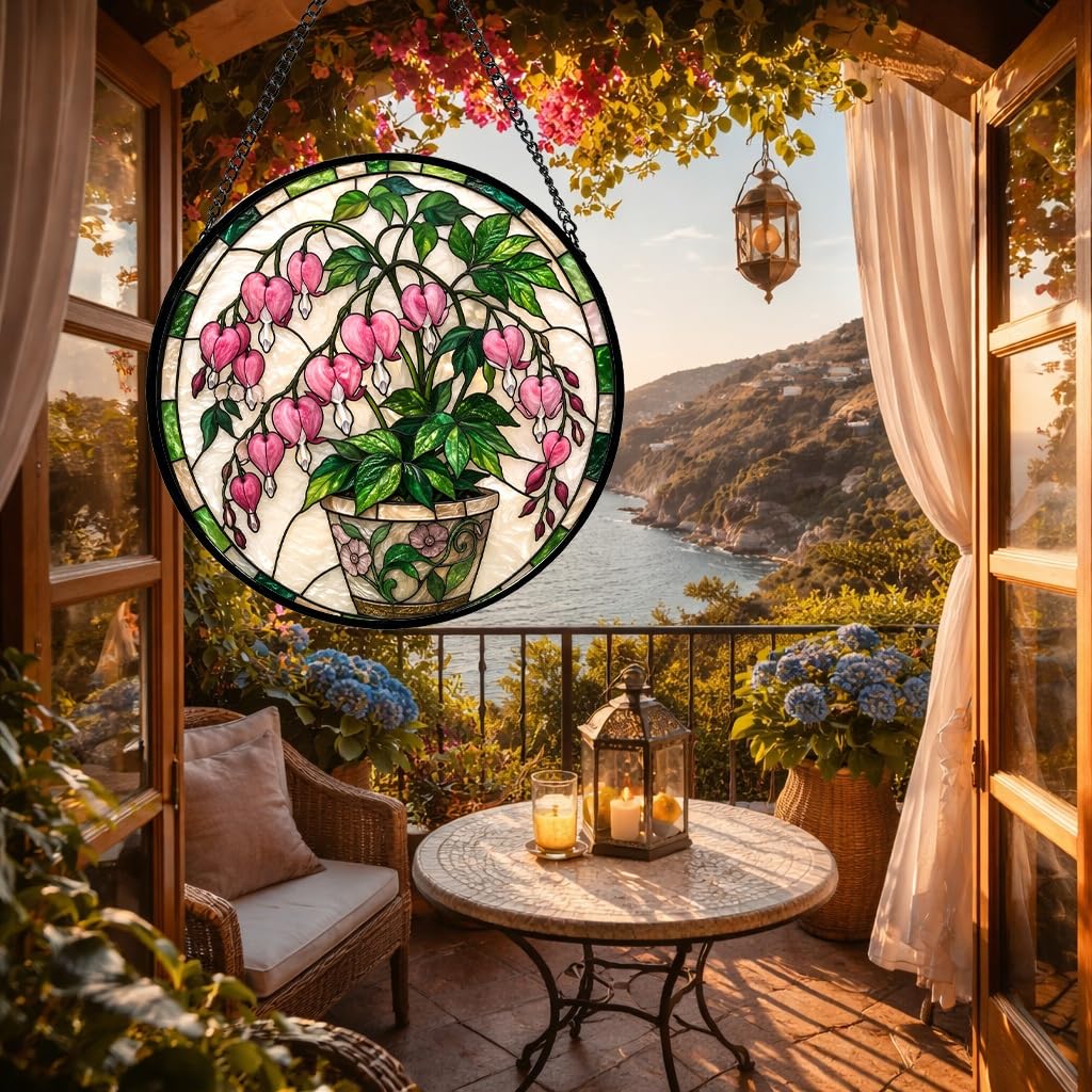 Stained Glass Window Hanging Sun Catcher Stained Glass Kit Style Pink Bleeding Heart Potted Floral Round Panel for Indoor Window Wall Garden Decor Gift