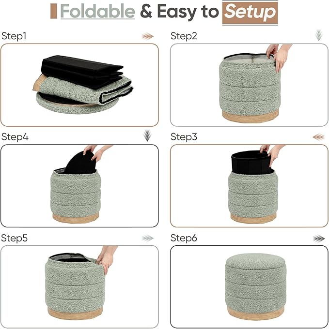Round Storage Ottoman with Reversible Tray Lid, Folding Chenille Fabric