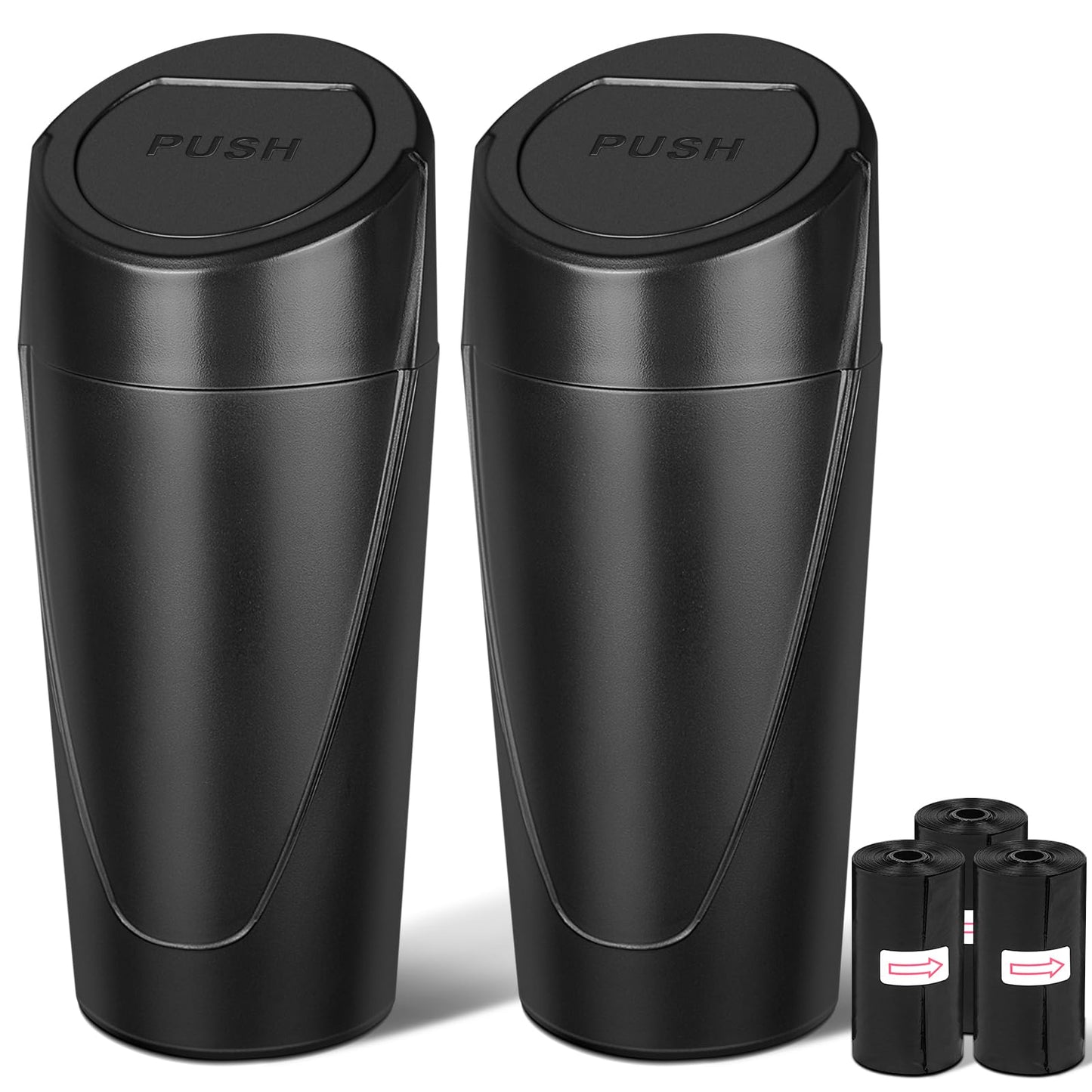 Kincown Car Trash Can, 2 Packs Mini Car Trash Bin with Lid, Leakproof Cup Holder Car Garbage Can with 60 Trash Bags, Vehicle Front Back Seat Organizers and Storage for Car, Home, Office, Black