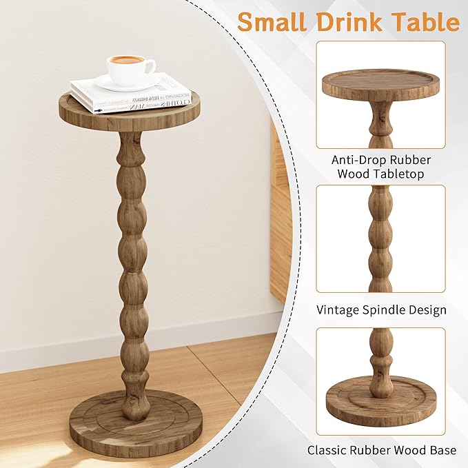 2 Pack Solid Wood Drink Table, Rubber Wood‌ Small Round Side Table