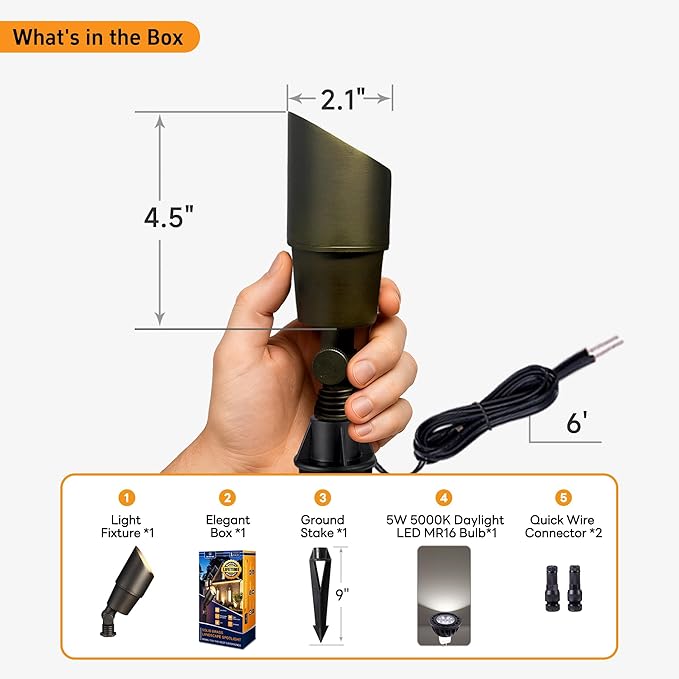 Gardenreet Spot Light Brass - Outdoor Landscape Spotlights 12V, LED Low Voltage Landscaping Uplights, All Weather Hard-Wired Bronze for Backyard Lawn with Day Light Changeable Bulbs (8 Pack)