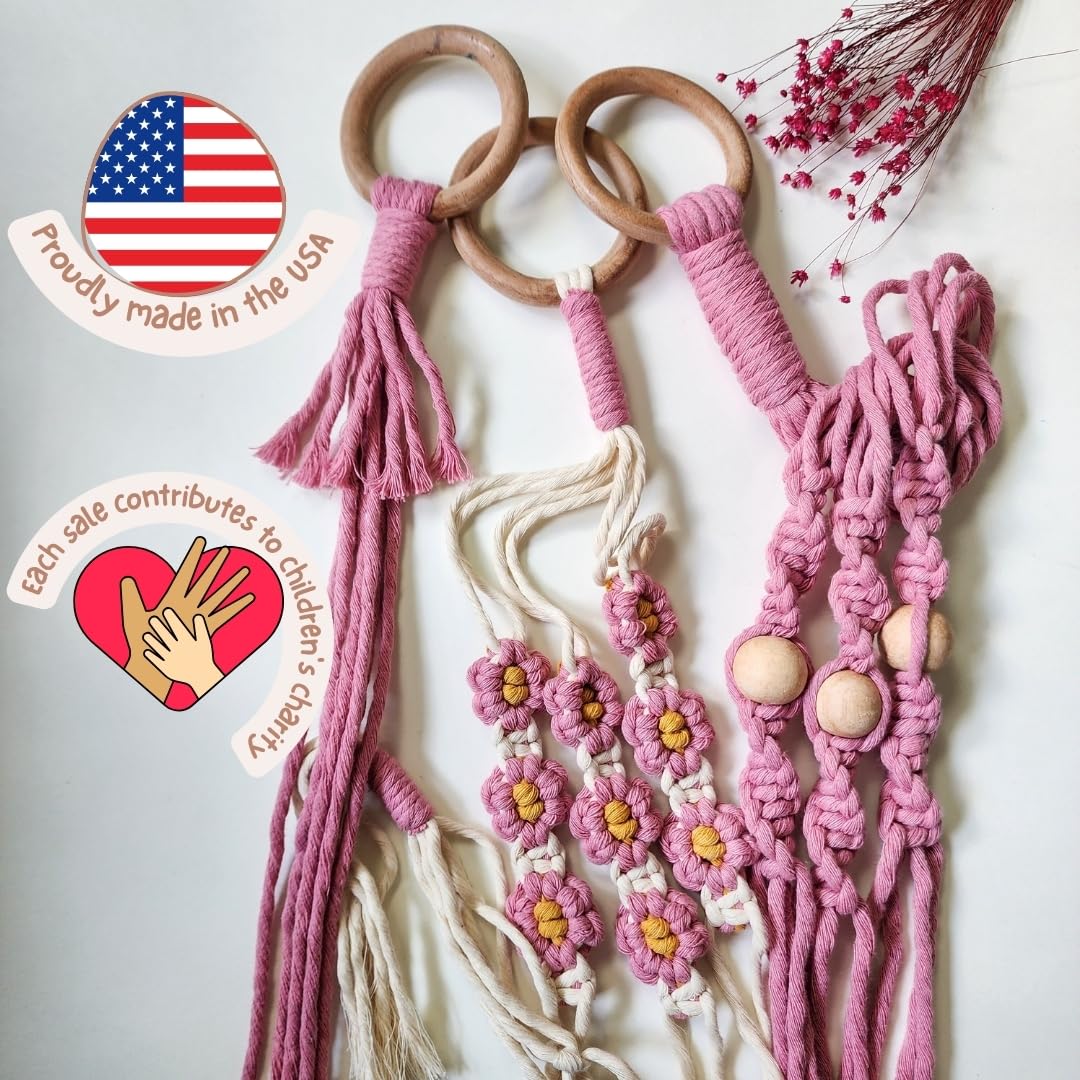 Set of 3 Macrame plant hangers with Daisies & Beads Hanging plant holder Macrame Plant hangers outdoor and indoor hanging planters Plant stand indoor Boho Decor hanging planter stand (Champagne Pink)