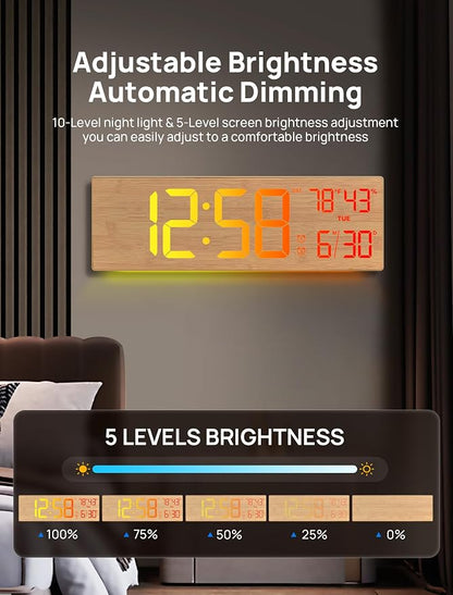 2026 Upgrade 18.5" Large Digital Wall Clock with Remote Control, Big LED Display Digital Clocks with Night Light, Alarm, DST, Temp for Parlor, Office, Classroom, Bedroom,Gifts for Seniors(Light Wood)