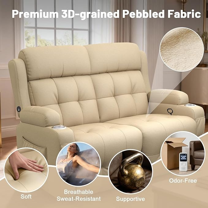 Reclining Loveseat with Pebble Texture Fabric, Loveseat Recliner with USB/Type