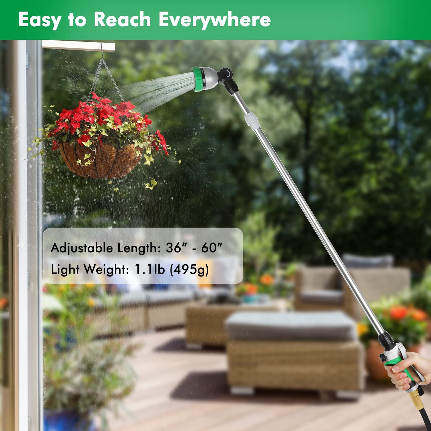 RESTMO 36”-60” Metal Watering Wand, Long Telescopic Tube | 180° Adjustable Ratcheting Head | 7 Spray Patterns | Flow Control, Perfect Garden Hose Sprayer to Water Hanging Baskets, Shrubs, Green
