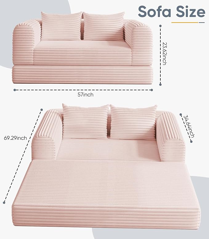 Versatile 2 in1 Loveseat Pink Accent Chair Couch Convertible Boneless Chaise