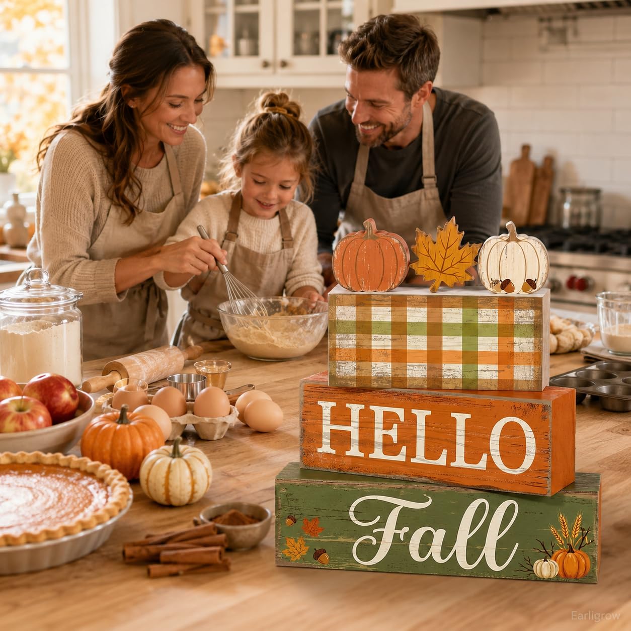 4 Pcs Fall Table Decorations, Hello Fall Tiered Tray Decor, Farmhouse Wooden Block Signs with Pumpkin & Maple Leaf, Rustic Buffalo Plaid Thanksgiving Tabletop Centerpiece for Home Kitchen Shelf