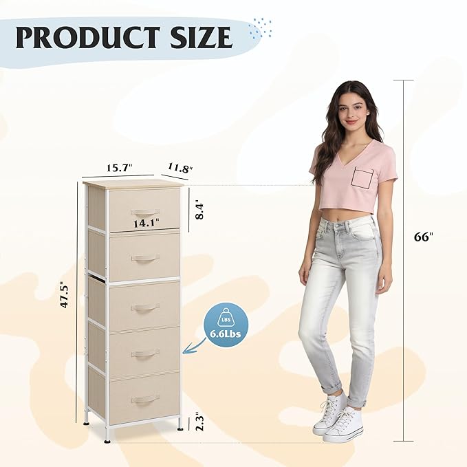 WLIVE Fabric Dresser, 5-Drawer Tall Dressers