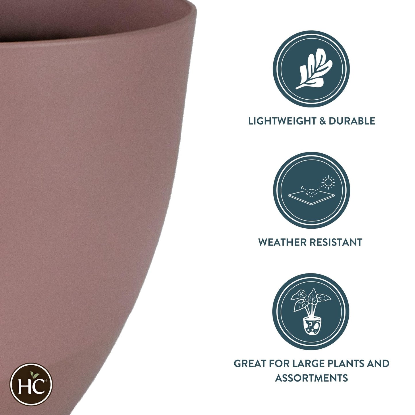 The HC Companies 13 Inch Topanga Decorative Round Planter - Lightweight Premium Resin Plant Pot with a Ceramic Look for Indoor Outdoor Use, Mauve Swoop