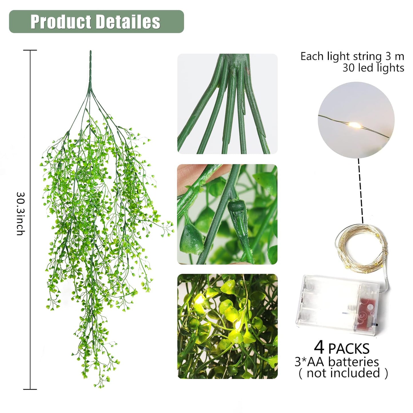 RECUTMS Pack of 4 Ferns Artificial Plants Large Artificial Hanging Plants Faux Ivy Vine Fake Greenery Wall Plants with LED Lights for Room Garden Patio Porch Bathroom Kitchen Decor (Green)