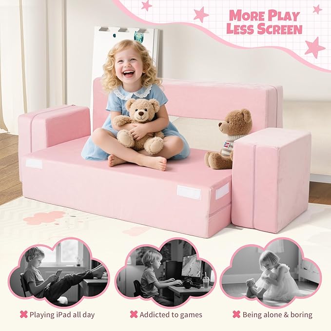 5 Pcs Modular Kids Play Couch, Toddler Couches That Fold Out, Plush Foam Chair