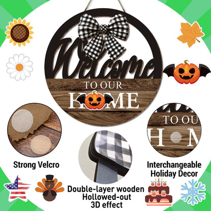 Interchangeable Seasonal Welcome to Our Home Hanging Sign - Farmhouse Front Door Decoration for Spring All Seasons Holidays - Rustic Round Wood Wreaths with 12 Icons(Brown)