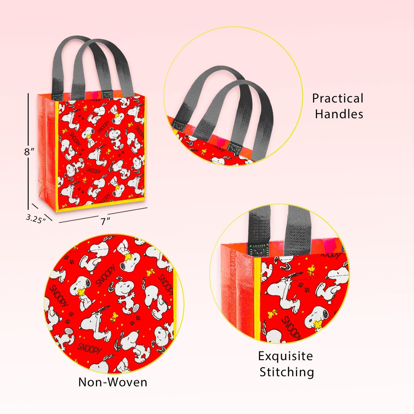 Snoopy Party Favor Bag Set - Bundle with 8 Peanuts Reusable Totes, Stickers and Tattoos | Snoopy Birthday Party Supplies for Kids, Boys, Girls