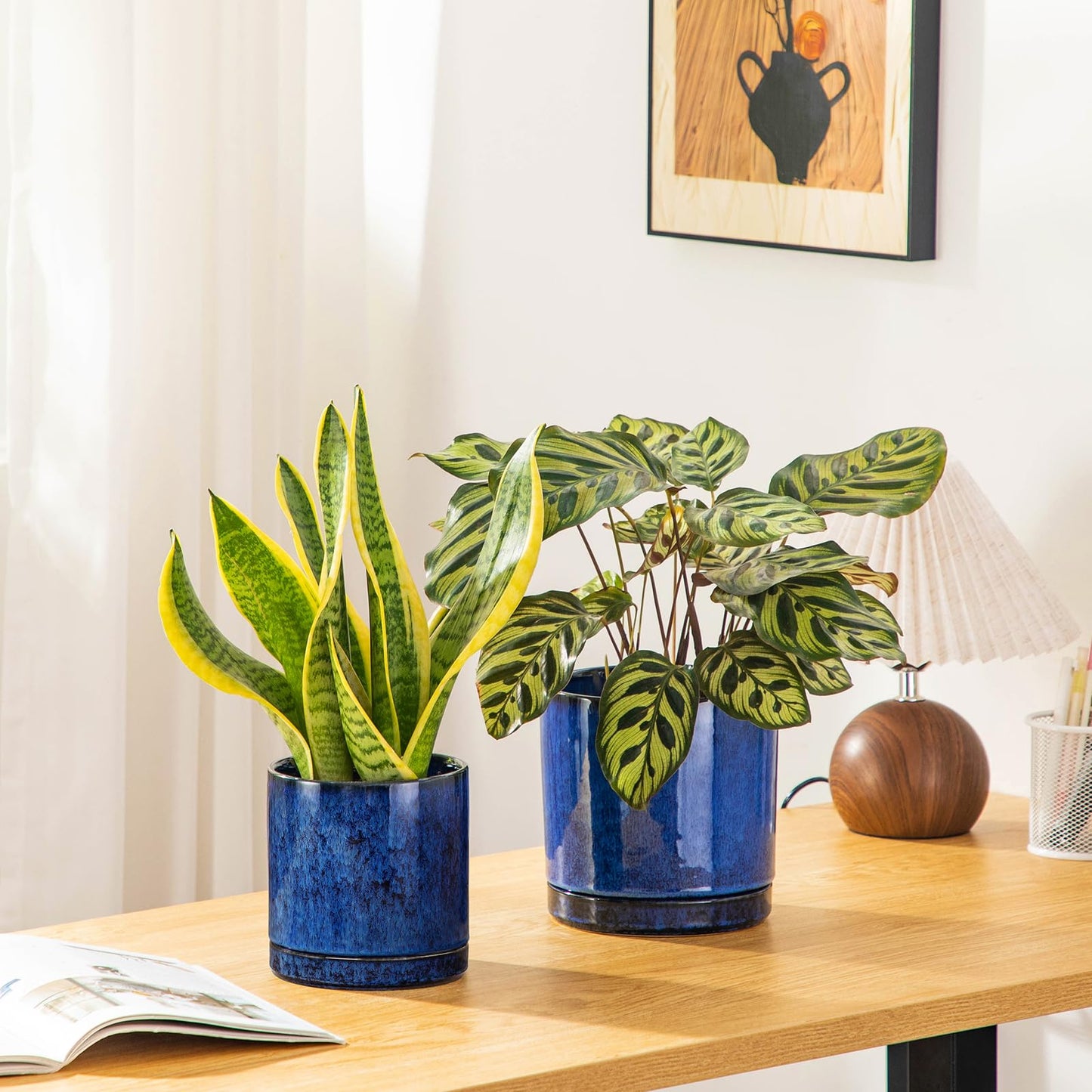 vancasso Ceramic Plant Pots, 3 Piece Planters for Indoor Plants, 4.25+5.25+6.25 Inch Flower Pots with Drainage, Plant Pots Indoor for Succulent, Pothos, Snake Plant and Money Tree, Etc (Blue)