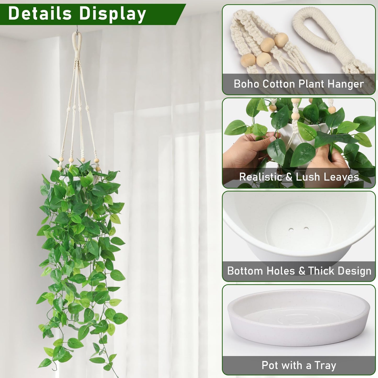 KTGOW Artificial Hanging Plants with Boho Macrame Plant Hanger - Fake Ivy Vines in Pot for Wall, Bedroom Home Faux Greenery for Indoor Outdoor Decor (1 Pack)
