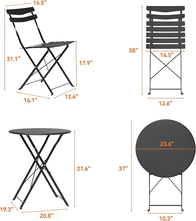 GarveeLife 3 Piece Patio Bistro Set, Folding Patio Bistro Table and Chairs Set