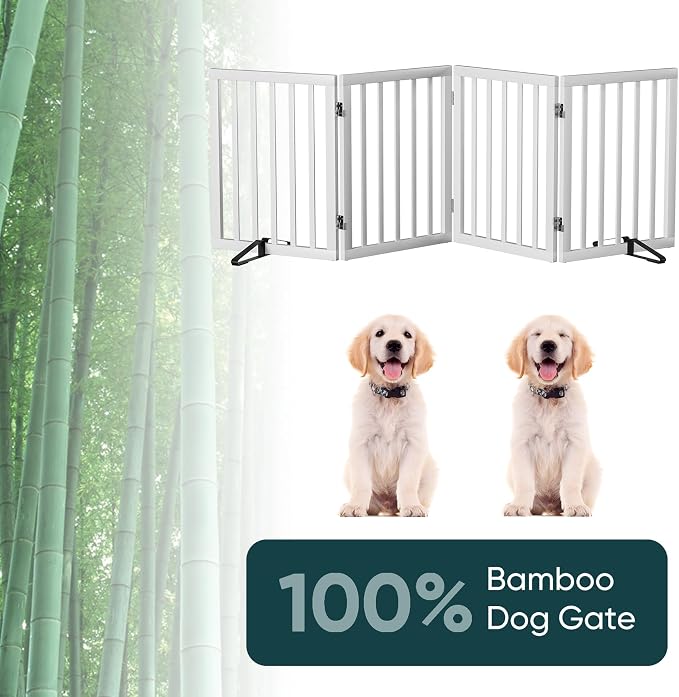 Semiocthome Bamboo Dog Gate with 2 Stands, Freestanding Puppy Gate for Doorways & Stairs - 24" Height, 4 Panels, Adjustable White Safety Fence