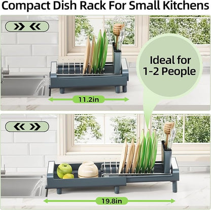 TOOLF Small Dish Drying Rack, Mini Expandable Compact Dish Rack, Slim Extendable Stainless Steel Dish Drainer for Kitchen Countertop, Space Saving Dish Strainer, Dark Slate Gray