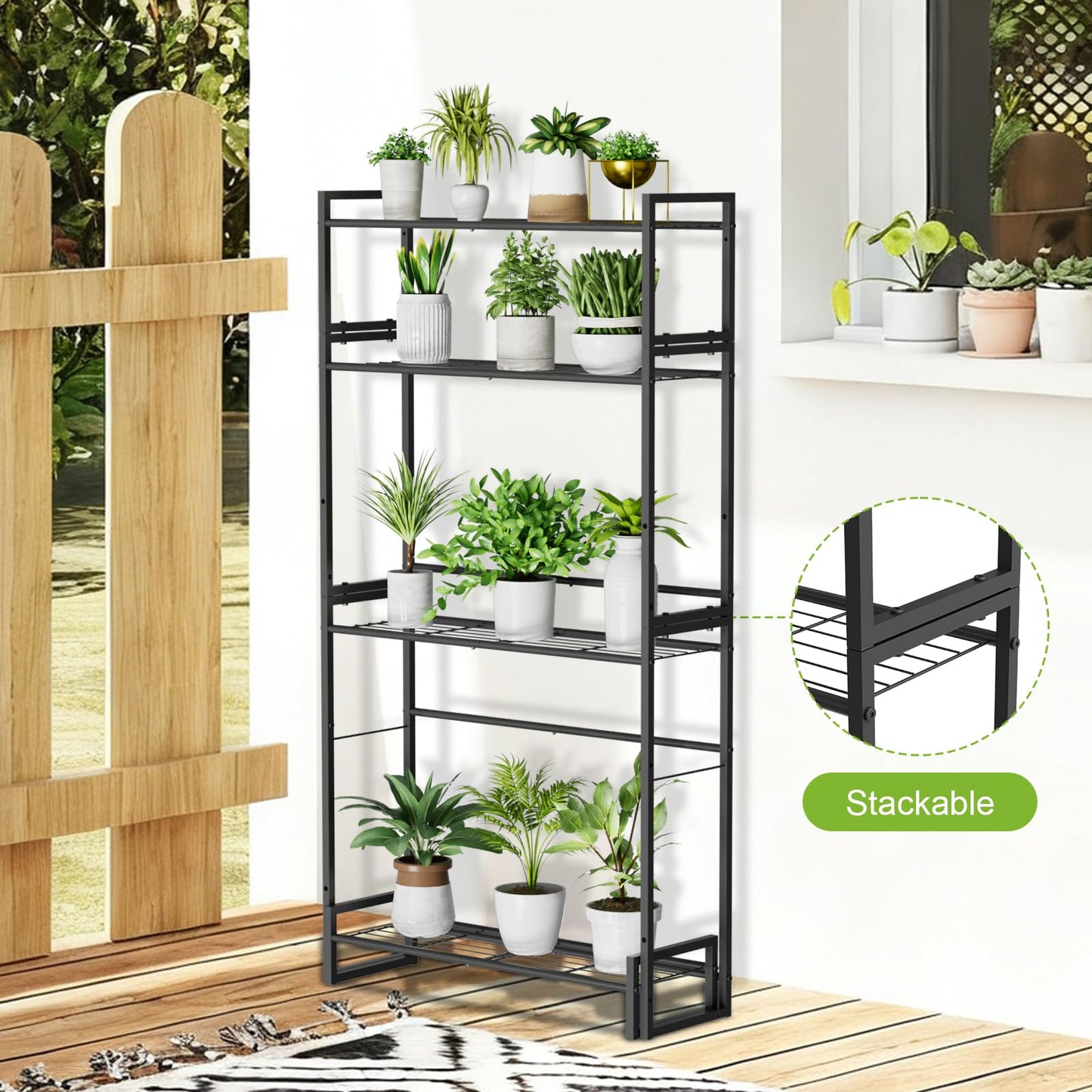 VyGrow Plant Stand, 4 Tier Stackable Tiered Plant Stand, Scalable Heavy Duty Tall Plant Shelf for Indoor Outdoor, Garden, Display Shelves, Flower Pot Holder, Black