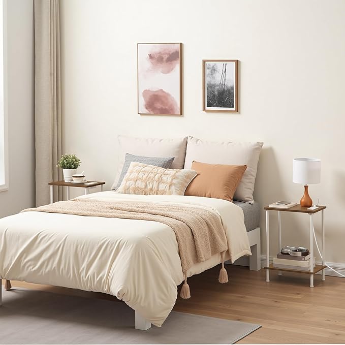 HOOBRO Side Table with Charging Station, Nightstand with 2-Layer Storage Shelves
