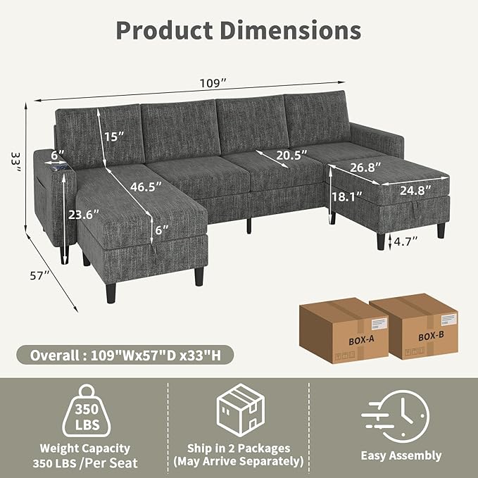 Sectional Couches for Living Room, 6-Seats Soft Linen Fabric Sectional Sofa