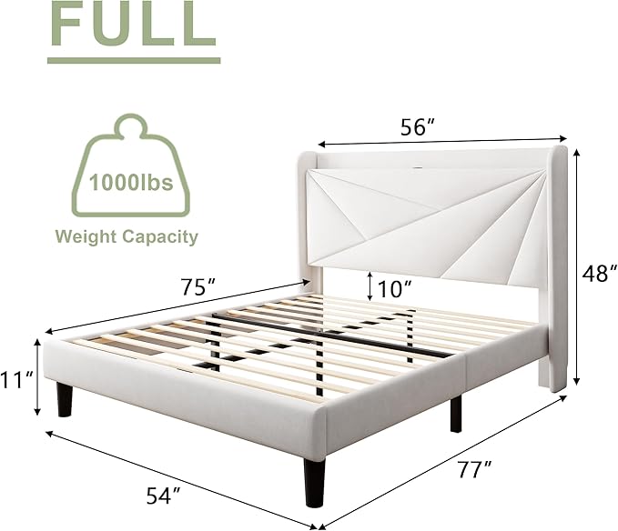 Feonase Full Bed Frame with Charging Station, Velvet Upholstered Platform