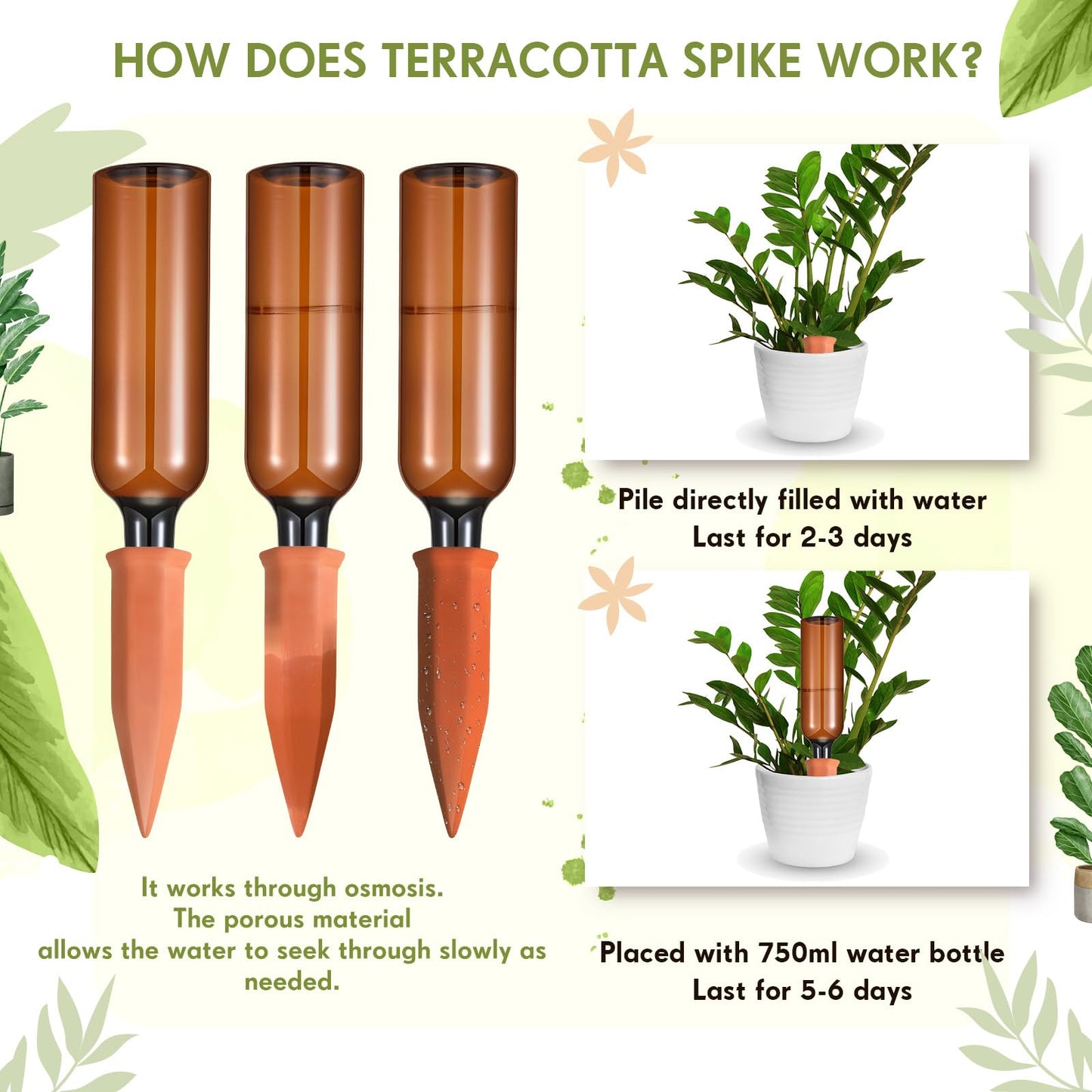 Baderke 12 Set Plant Watering Devices, Terracotta Watering Spikes with 25 oz Plastic Wine Bottles, Slow Release Vacation Insert Automatic Plant Waterer Device for Indoor Outdoor
